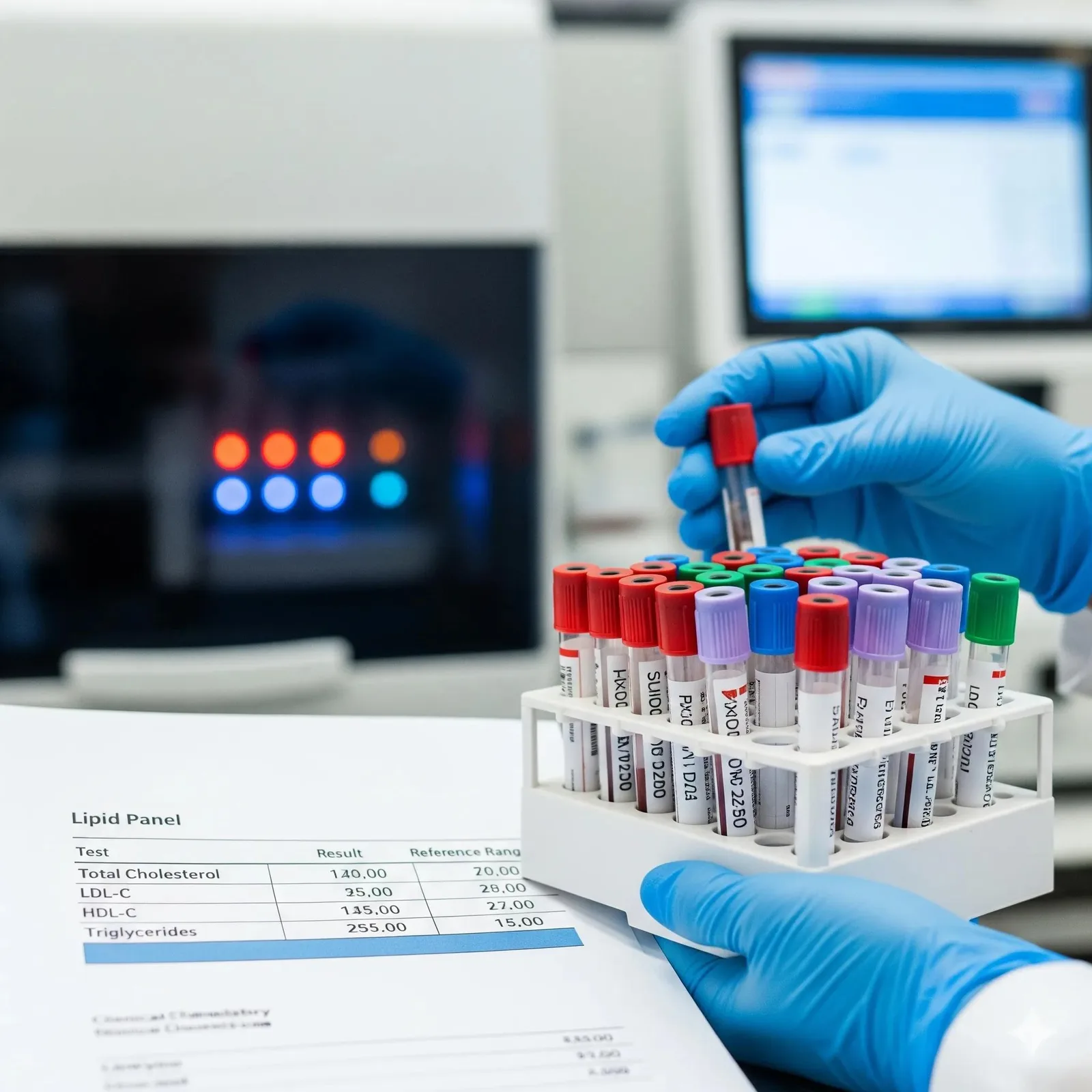 Labeled blood sample tubes in a laboratory rack