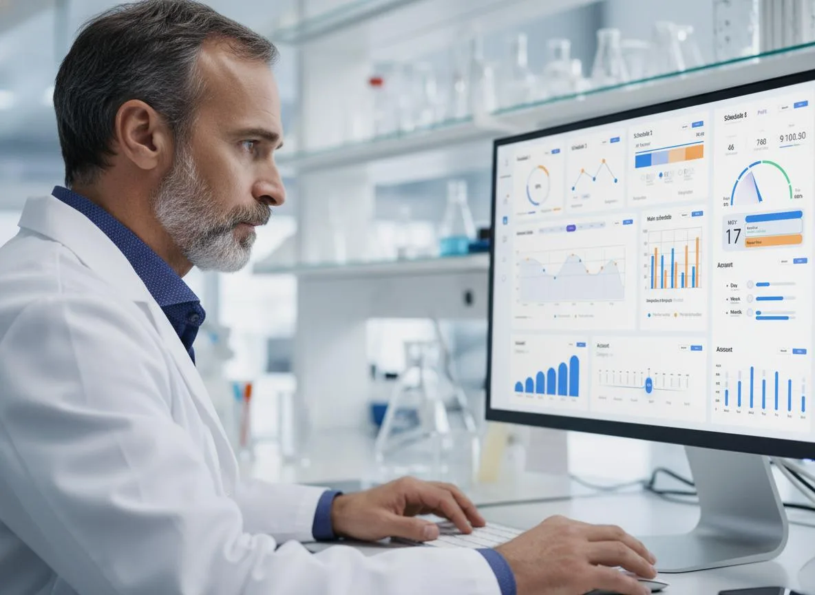 Laboratory analyst reviewing diagnostic data on a monitor