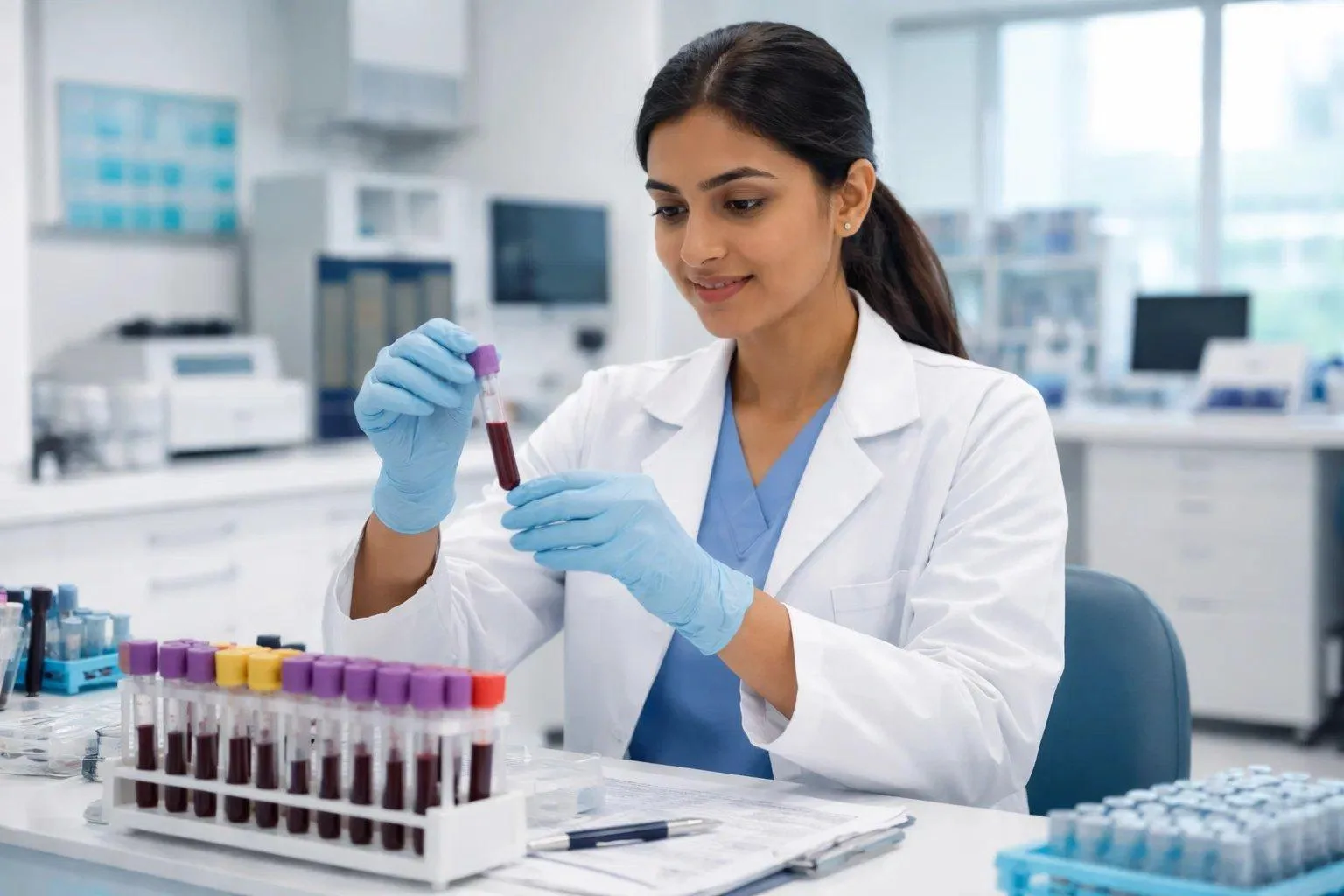 Laboratory technician examining a sample under a microscope