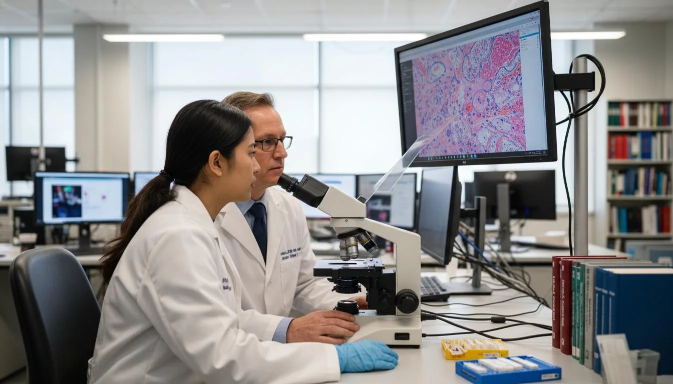 Pathologist reviewing diagnostic results in a clinical laboratory